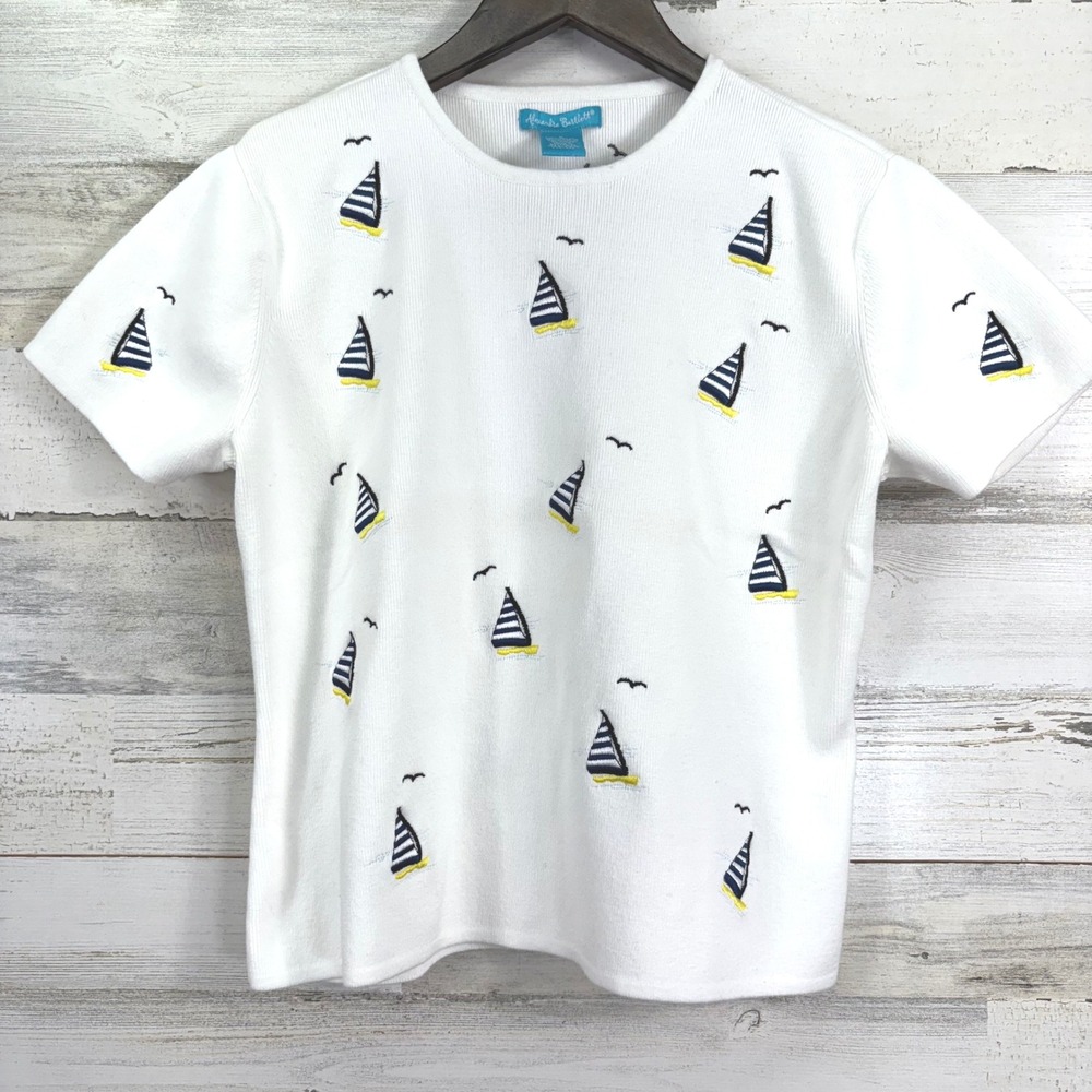 Alexandra Bartlett Womens White Knit‎ Sweater Sailboat Nautical Embroidered Sz L
